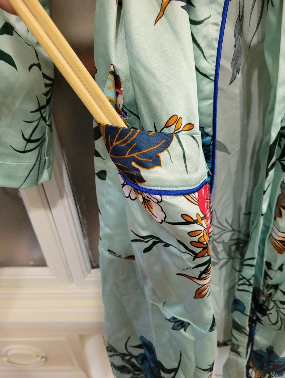 iris Mint Floral Satin Robe with Red, Blue & Cream Blooms Small - Picture 3 of 8